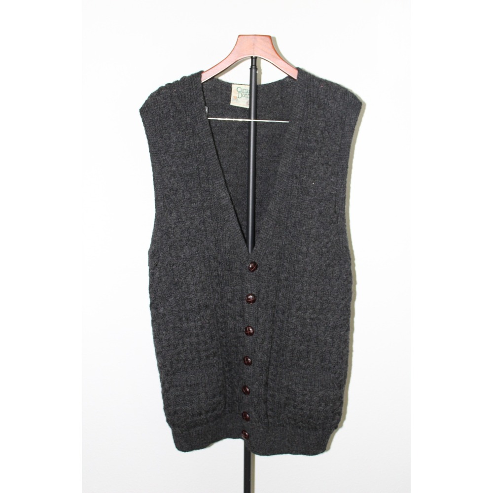 VTG Carraig Donn Aran Wool Cardigan Vest Men's Large Gray Made in Ireland Button